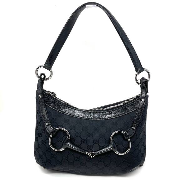 Gucci Horsebit GG Monogram Shoulder Hobo Zip Bag Canvas Leather Black Silver - Picture 1 of 16